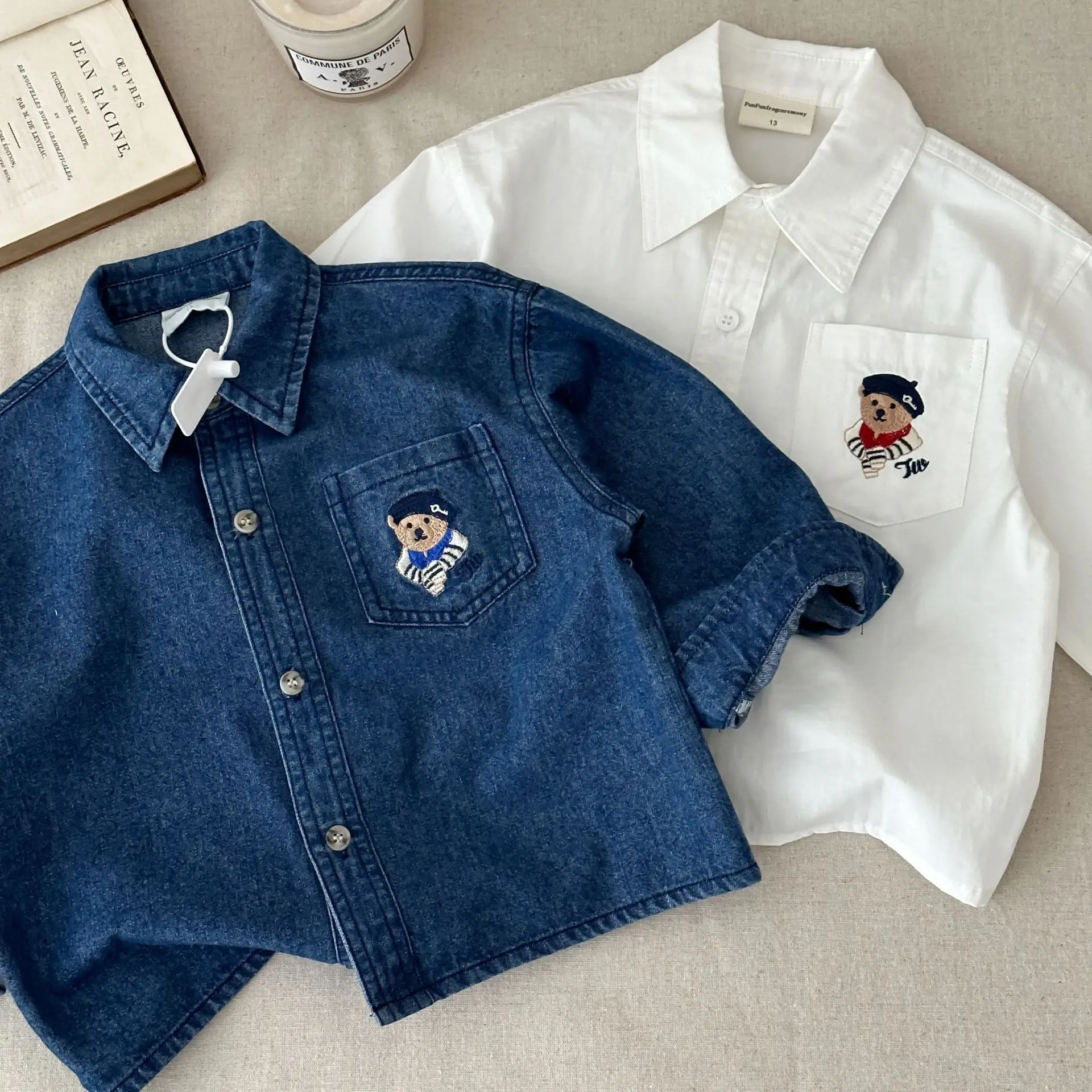 Spring Autumn Boys Casual Cotton Long Sleeve Blouse with Embroidery Bear Two Colors