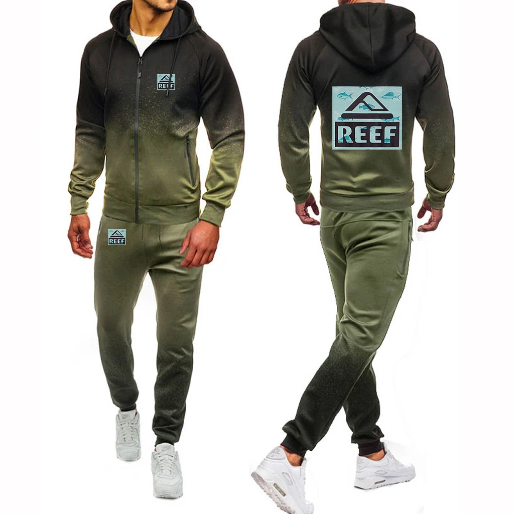 2023 New Men Reef Fashion Spring and Autumn Gradient Color Sports Set Long Sleeve Hoodie Jackets+Casual Sweatpants Suits