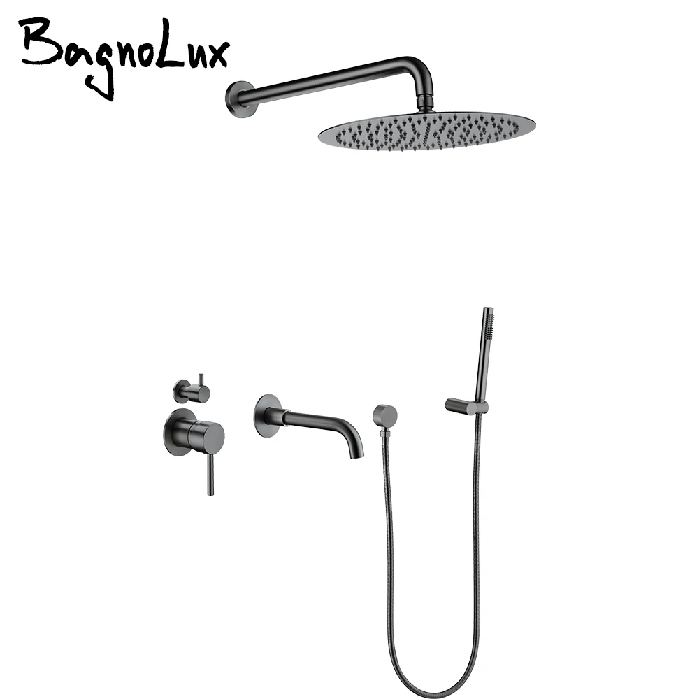 Bathroom Faucet Shower System Set 3-Function Shower Mixer Diverter Valve Gunmetal 8-16Inch Rainfall Head Shower Tap Wall Mounted 2