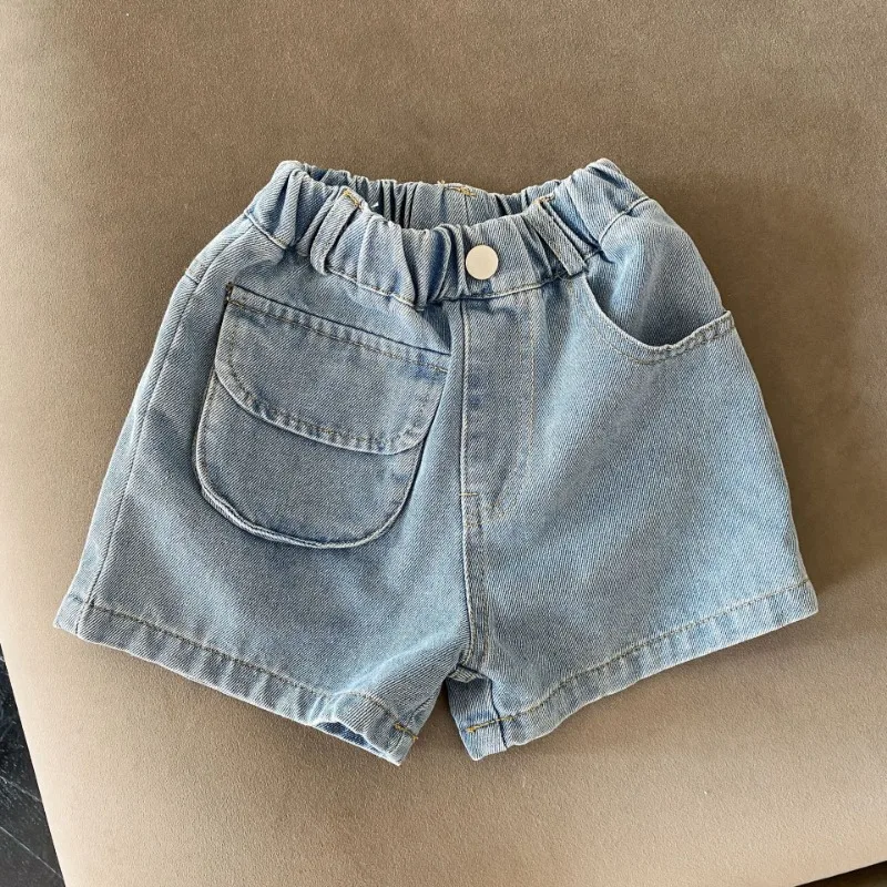 Kid's Summer Denim Shorts Girls' Solid Color Pocket Shorts Simple Style Boys' Loose Casual Knee-length Pants Children's Outwear