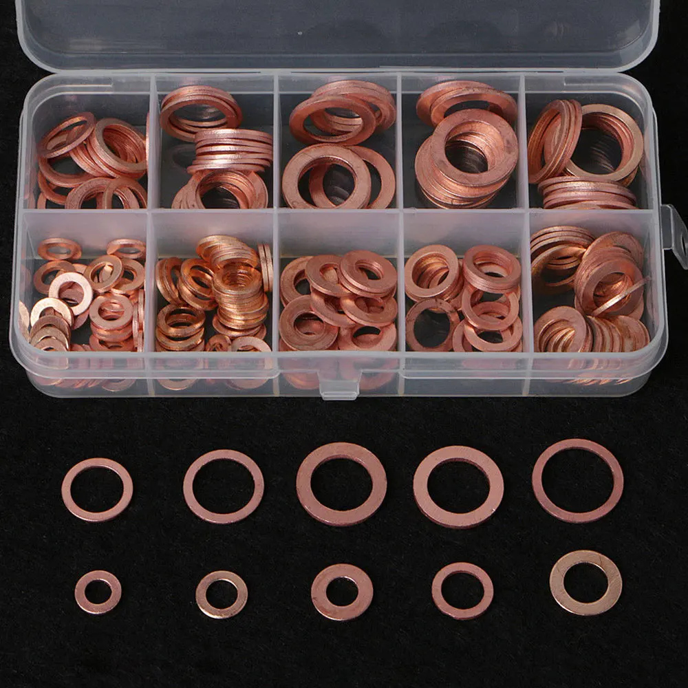 

Copper Washer Gasket Nut and Bolt Set Flat Ring Seal Assortment Kit with Box /M8/M10/M12/M14 for Sump Plugs Car Accessories