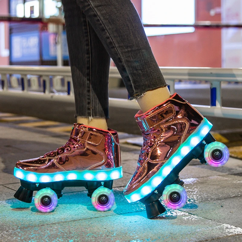 Patines de 4 ruedas para adultos y niños, zapatillas con recarga USB, patines Hockey, zapatos polea de doble ligeros| | - AliExpress