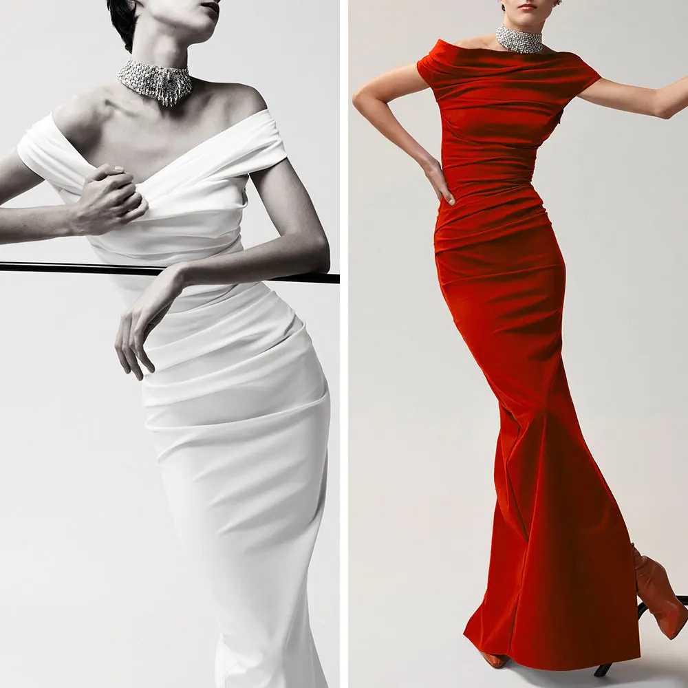 

Fashion Banquet Trend Solid Color Off Shoulder Maxi Dress Side Slit Two Way Zipper Slim Fit Pleated Dresses Irregular Sexy Dress