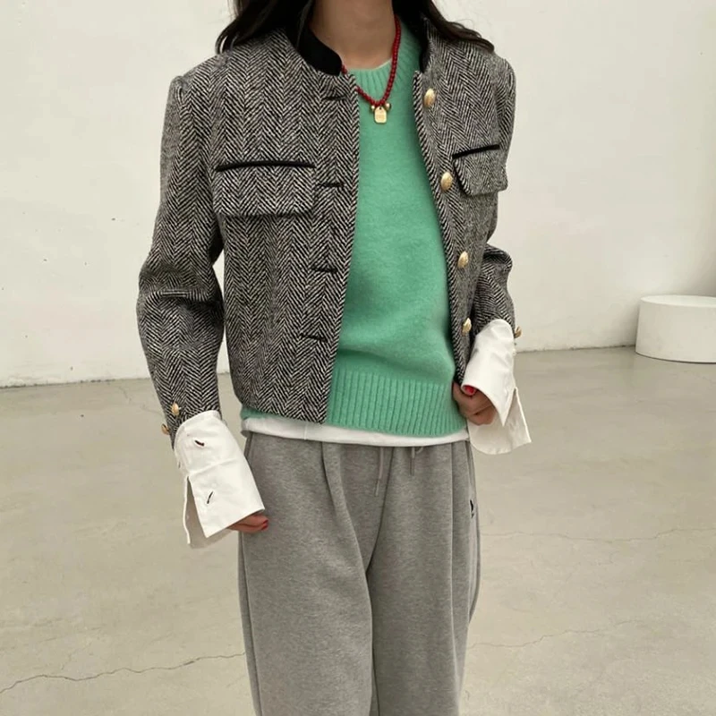 Biyaby Metal Button Stand Collar Jackets for Women Korean Style Pockets Plaid Coat Woman 2024 Spring Long Sleeve Cropped Jacket 3