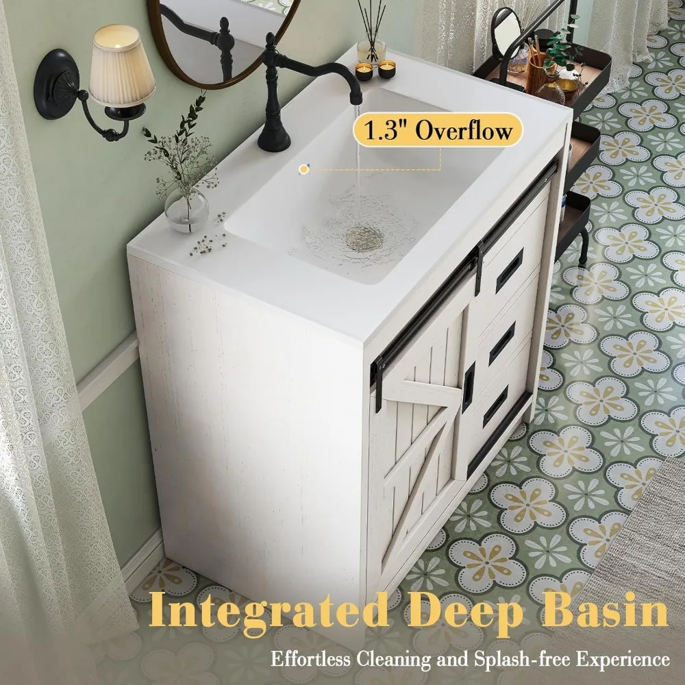 31" Farmhouse Sliding Barn Door Bathroom Vanity with Sink Combo Bathroom Vanity Cabinet with Drawers Distressed White 4