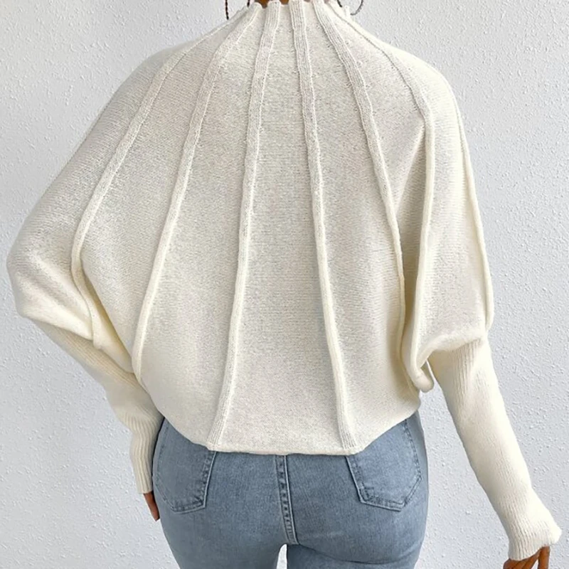 Batwing Sleeve Knitted Mock Neck Sweater - Front View