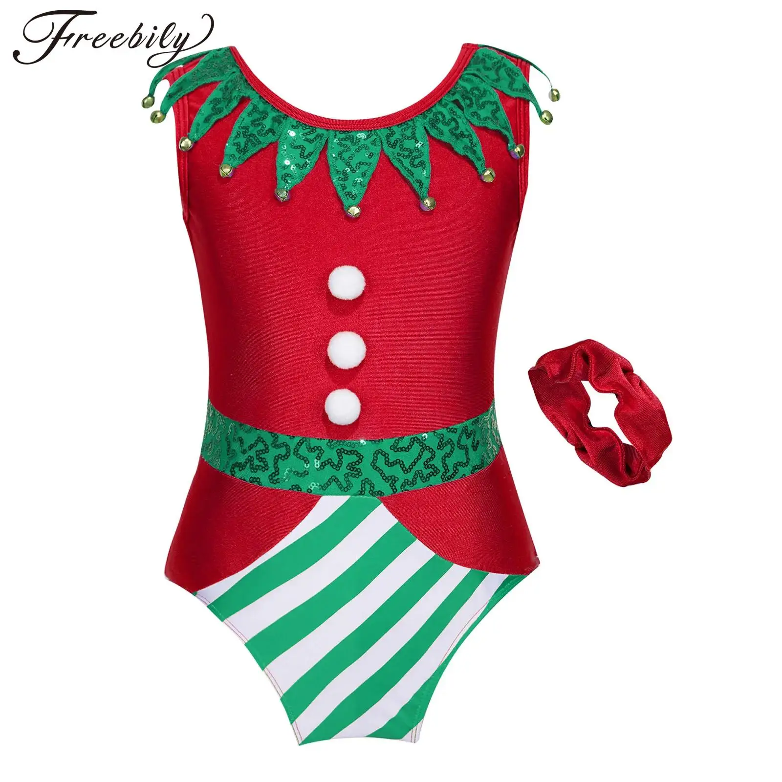 

Kids Girls Christmas Dance Costume Santa Elf Dress Up Gymnastics Ballet Dance Leotard Bodysuit Stage Performance Dancewear