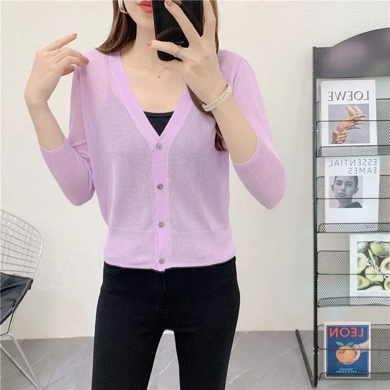 Spring/Summer Ice Linen Knitted Split Sleeve Cardigan Women's Versatile Office Air Conditioning Shirt Fashion Sunscreen Top