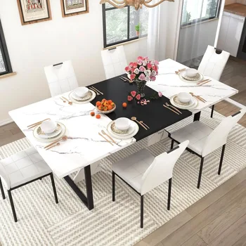 7-Piece Dining Set for 4-6 People: Large 71 Wooden Kitchen Table with 6 Chairs (White and Black)