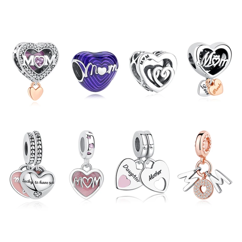 925 Sterling Silver Charms Love Heart Mom Beads Pendant Fit Pandora Bracelets Necklaces Women DIY Jewelry