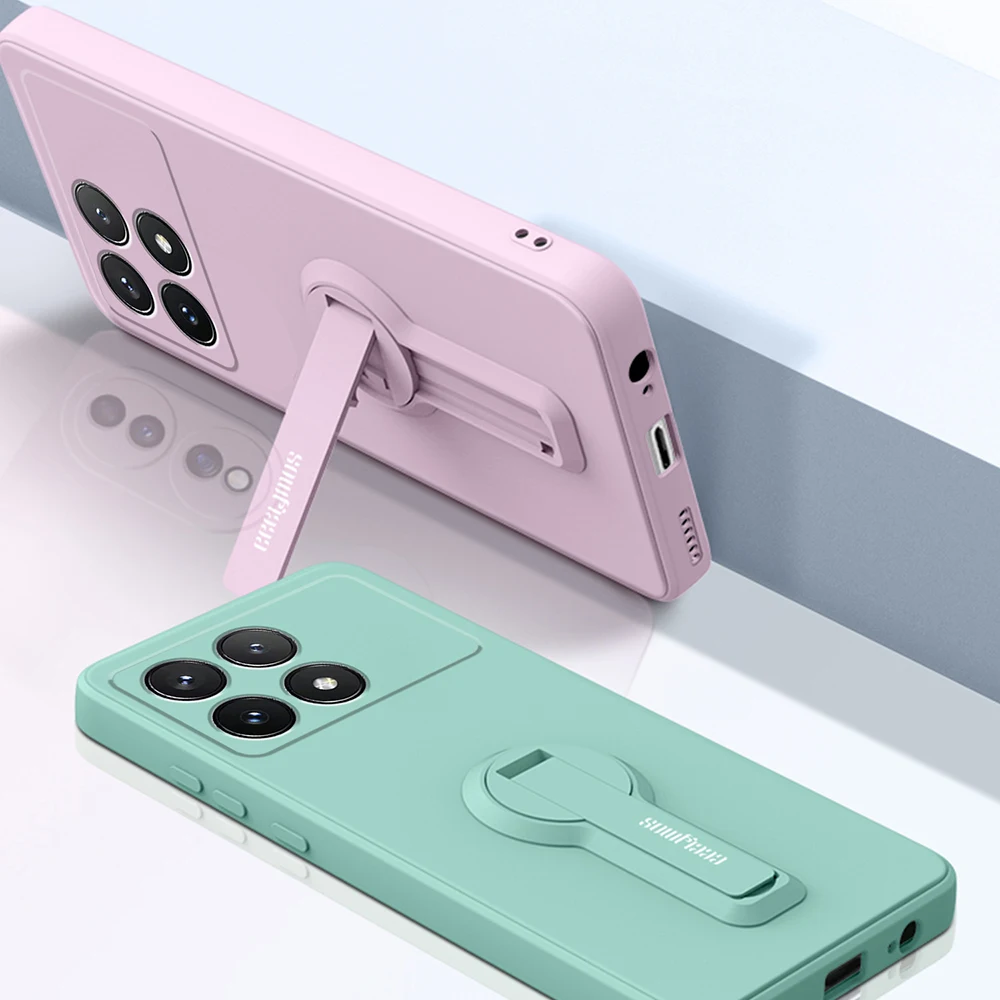 Shockproof Liquid Silicone Phone Case with Holder and Screen Protector - Soft Cover Design