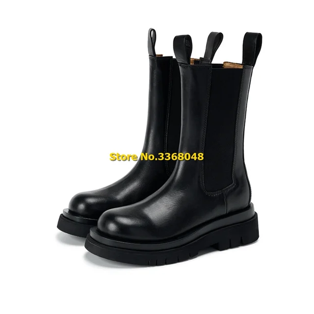 Black Leather Women Boots British Style Mid-tube Thick-soled Chelsea Ankle Booties Chimney Boots Round Toe Slip On Winter Shoe 2