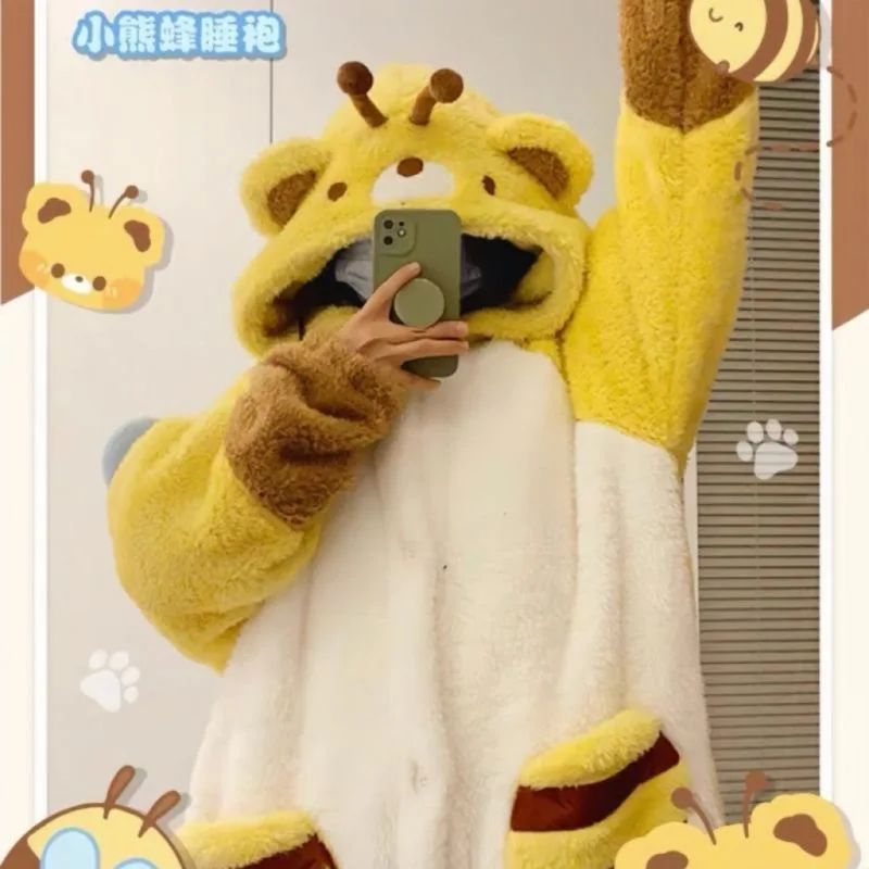 Adult Bee Bear Cosplay Costume Robes Kigurumi Onesie Anime Nightgown Halloween Cartoon Pajamas