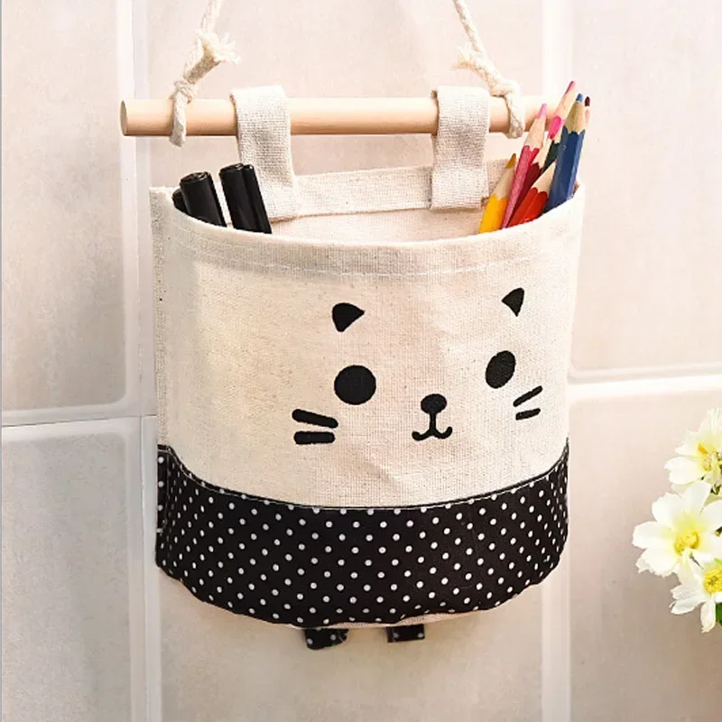 Wall Hanging Storage Bags Cartoon Cat Organizer Pocket Wardrobe Hanging Bag For Cosmetics Containers Cotton Door Wall Closet