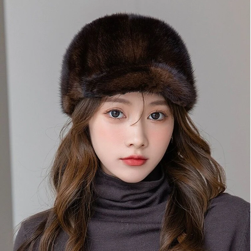 Winter High Quality Real Mink Fur Bomber Hat For Women Black Tag Ear Warm Chapeau Driving Cap