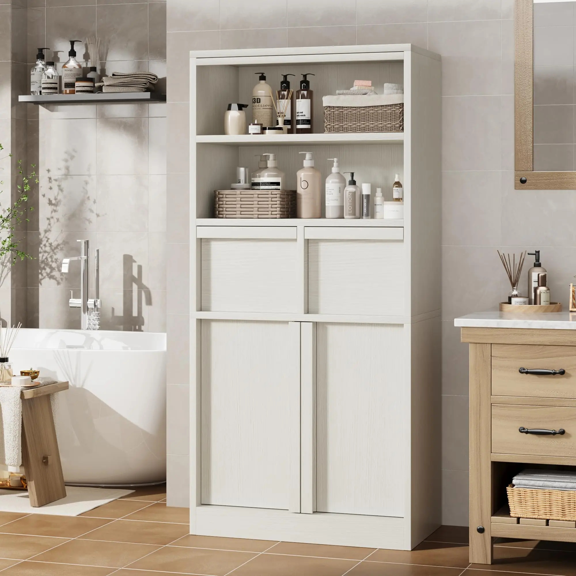 Hoher Aufbewahrungsschrank, Freistehender Buffetschrank mit Schubladen, Türen und Verstellbaren Regalen, Multifunktionaler Organizer – Detail 12