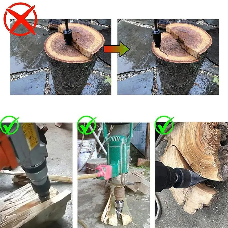 Wood Splitting Drill Bit Carbon Steel Cone Firewood Splitter 3PCS Drilling Handles Heavy Duty Kindling Wood Splitter For Camping