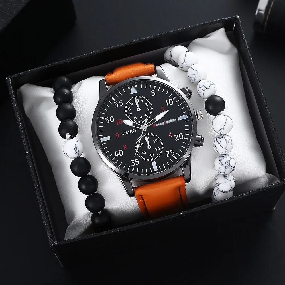 

New Men Watch Luxury Bracelet Set Fashion Business Brown Leather Quartz Wrist Watches for Men Gift Set Relogio Masculino