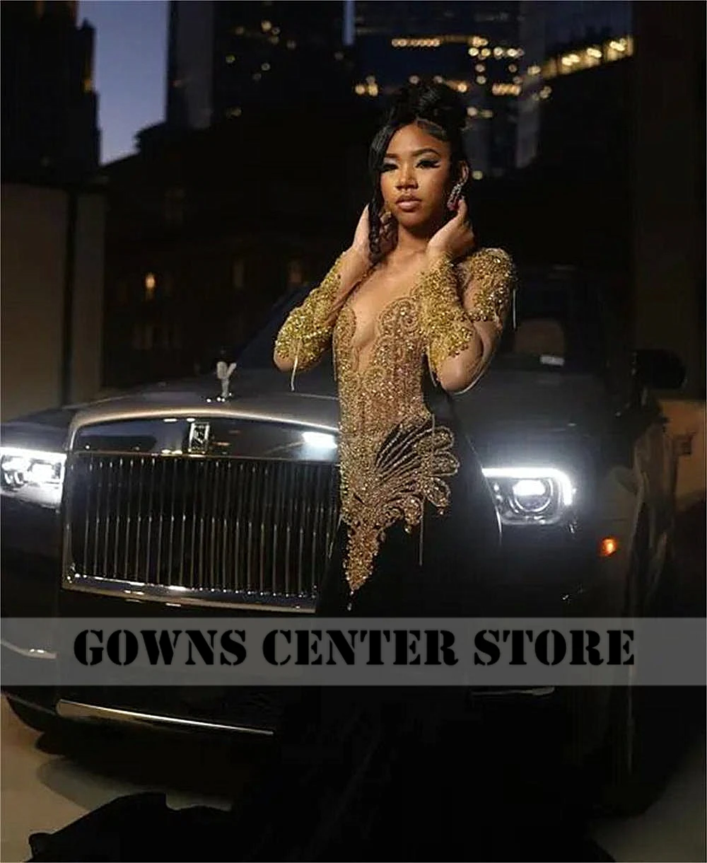 Chic Black Mermaid Prom Dresses Luxury Gold Crystal Beading Long Sleeve Elegant Evening Party Dress Black Girls Customized
