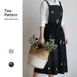 Embroidered Cotton Pinafore Apron Dress with Pockets (Black Flower)