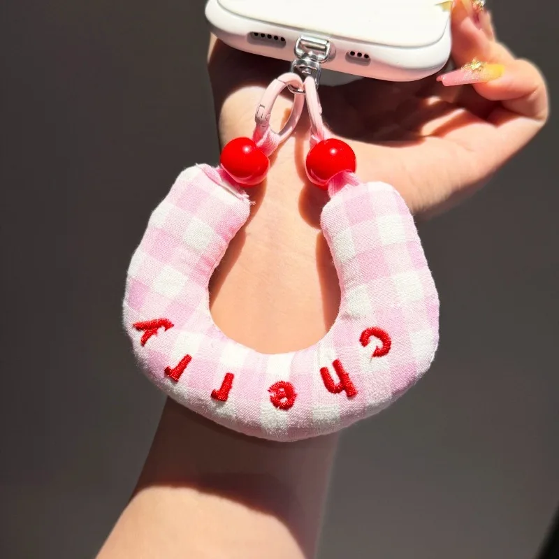 Cotton-Filled Embroidered Grid Fabric Mobile Phone Lanyard - Handheld, Anti-Loss, and Portable Accessory