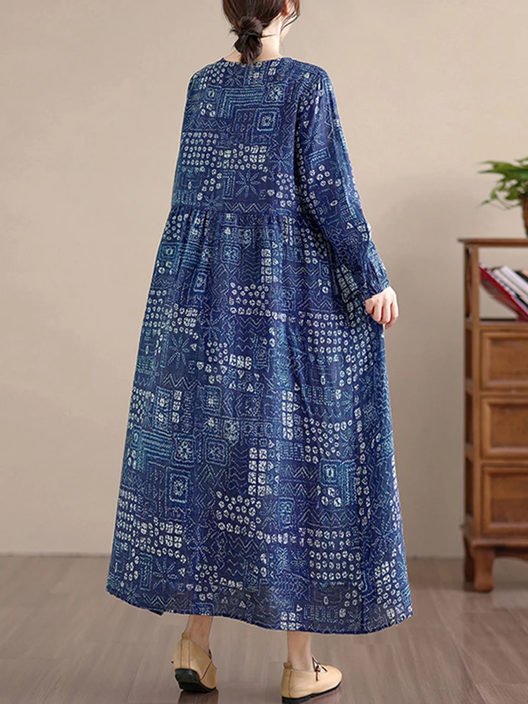 2025 Spring Autumn Cotton Long Sleeve Print Vintage Dresses Women Casual Loose Long Dress Office Lady Vestidos Elegant Clothing