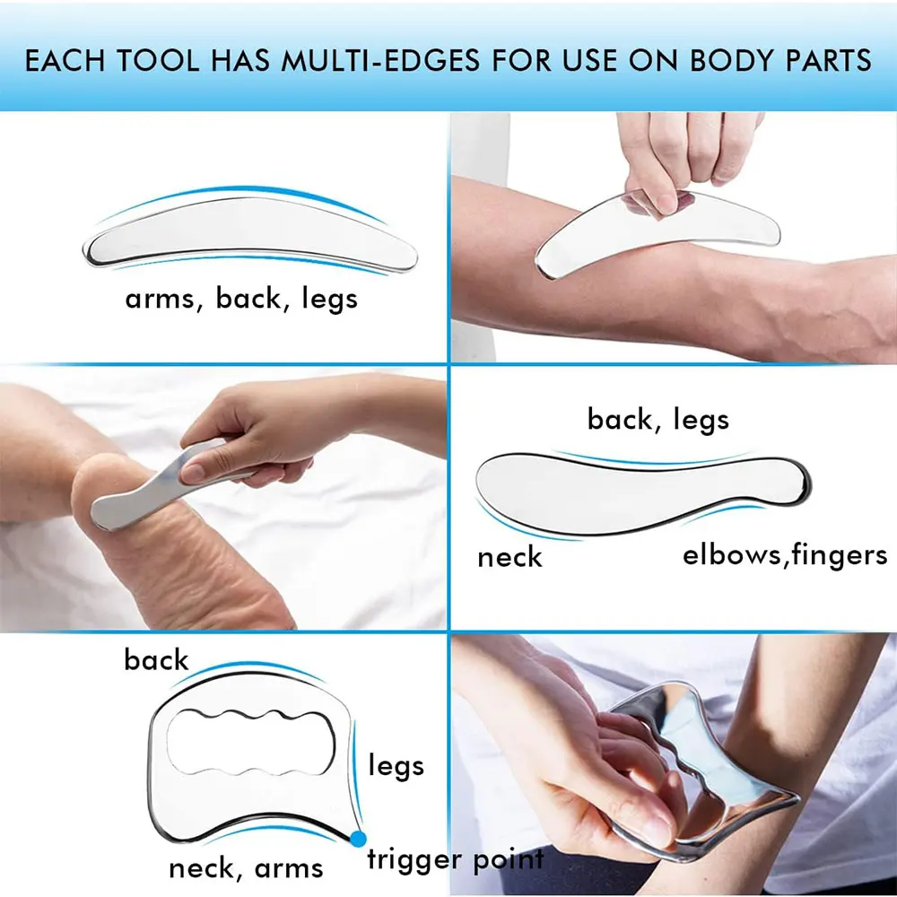 Stainless Steel Gua Sha Scraping Massage Tool Set 1/4/7 Pcs for Back Legs Arms Neck Shoulder and Whole Body Acupoints gua sha board massage tool