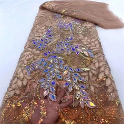 Luxury 2022 Women's Sewing Material 5 Yards High Quality Sequins/beads Embroidery Nigerian Lace Fabric For Party Dress CD-375