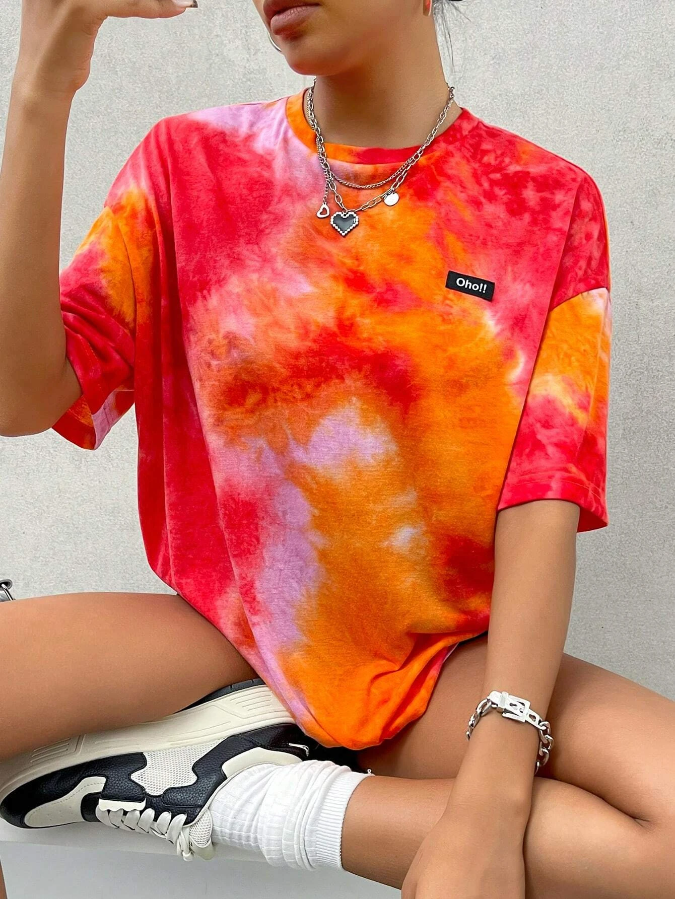 Summer Women TShirt Tie Dye Letters Drooping Shoulders Oversize