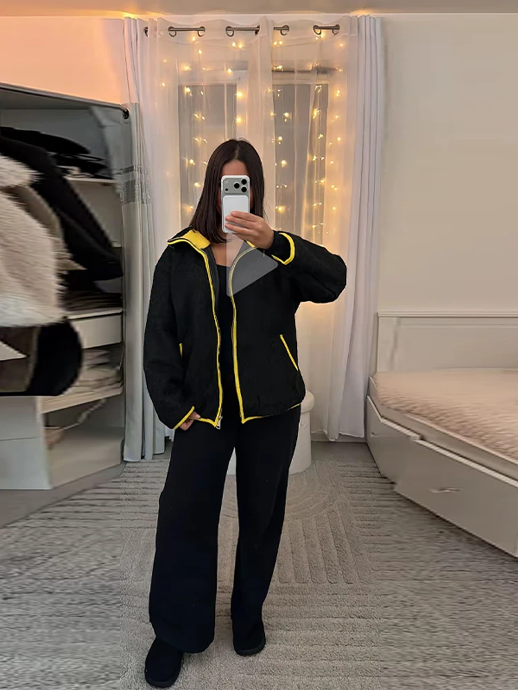 سترة صوفية متباينة غير رسمية للنساء بياقة واقفة وجيوب وسحاب وأكمام طويلة معطف نسائي لخريف وشتاء 2025 جديد للسيدات في ملابس خارجية