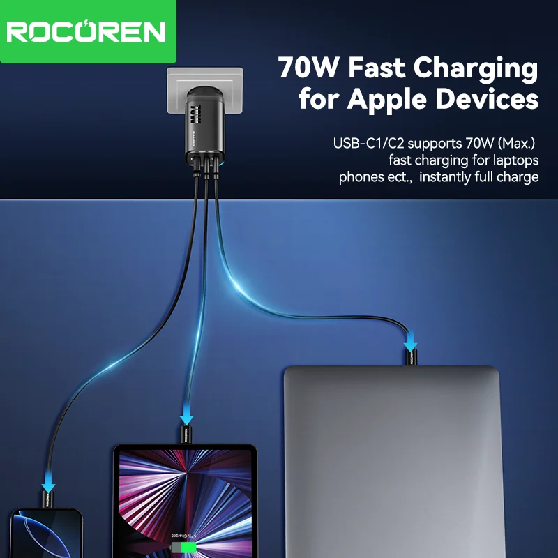 Rocoren 65W GaN USB Type C Charger QC PD 3.0 USBC Fast Charging USB Charger For iPhone 16 Pro Xiaomi Macbook Samsung S25 Laptop Best Sellers In Phones Accessories
