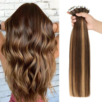 Highlight #4/27 Straight Tape In Hair Extensions Skin Weft Tape In Human Hair Extensions For Salon High Quality 100% Human Hair