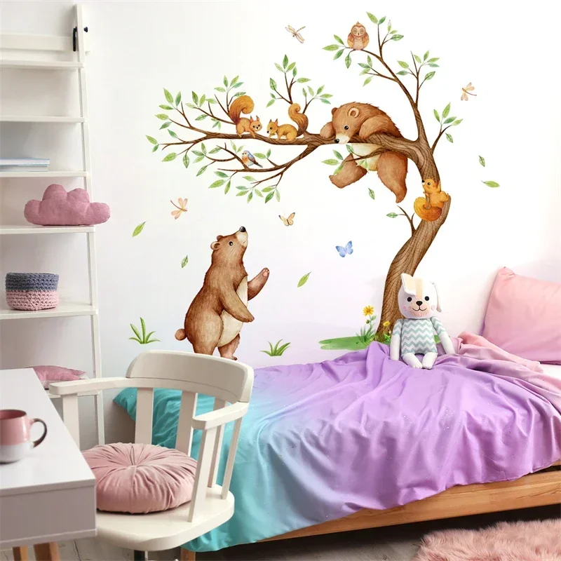 Pegatinas de pared de animales del bosque grandes, árbol, oso, ardilla,  mariposa, calcomanía de pared para habitación de niños, pegatinas  decorativas para pared - AliExpress