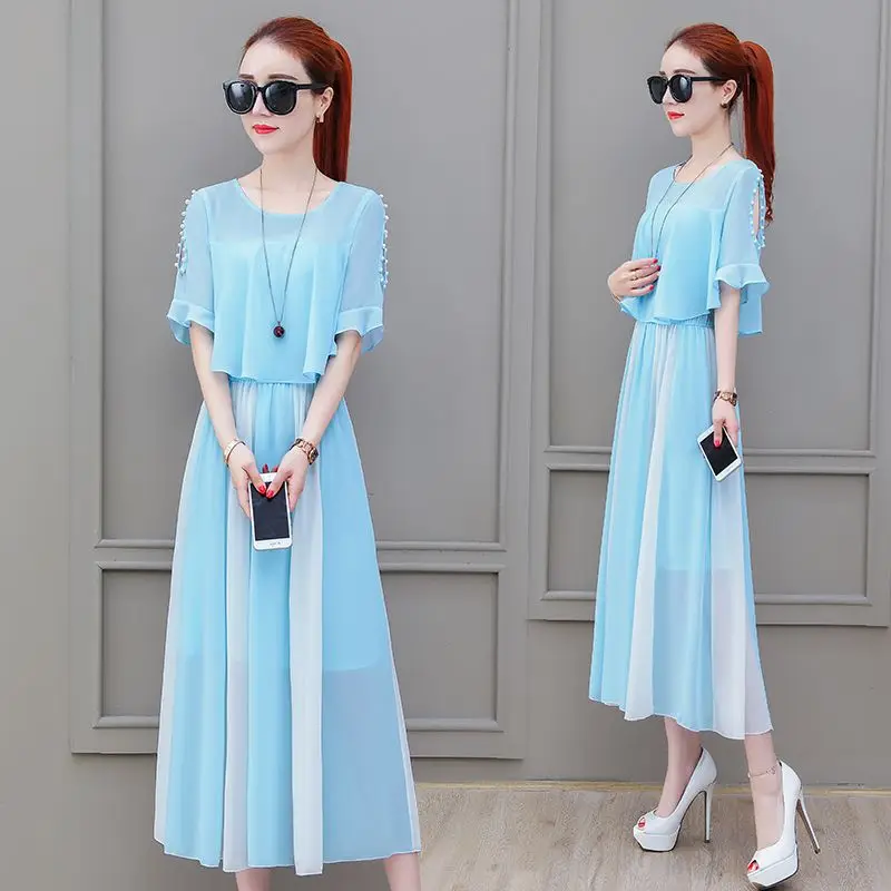 

Elegant Beading Flare Sleeve Fake Two Pieces Chiffon Midi Dress Women Clothing 2024 Summer New Loose Off Shoulder Ladies Dresses