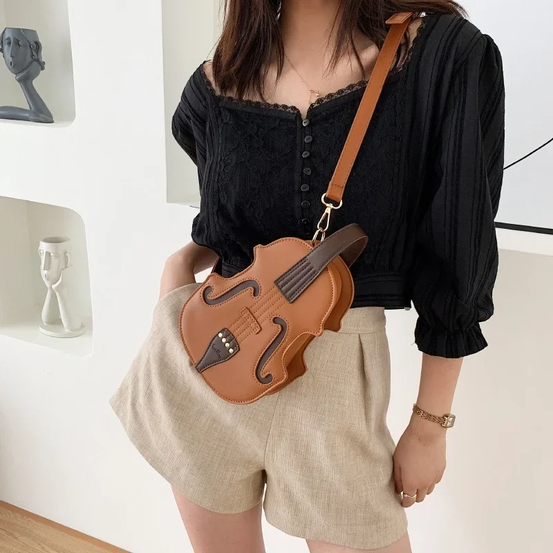 

Creative Violin Female Crossbody Bag Violin Shape PU Leather Small Backpacks for Women Sewing Thread Ladies Fashion Shoulder Bag