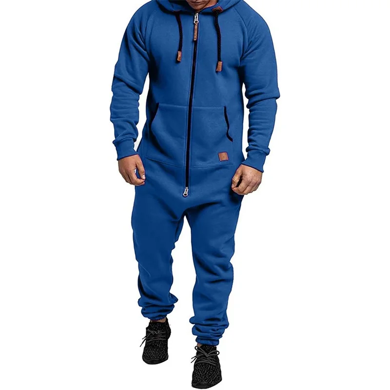 Men's Winter Hooded Jumpsuits Pockets Warm Long Sleeve Full Zipper Up Overalls Sweatsuits Drawstring