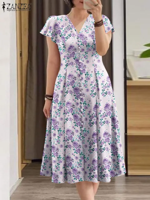 Elegant Floral Dress ZANZEA Women Summer Short Sleeve Party Sundress Robe Femme Causal Holiday Vestidos Bohemain Printed Dresses 3