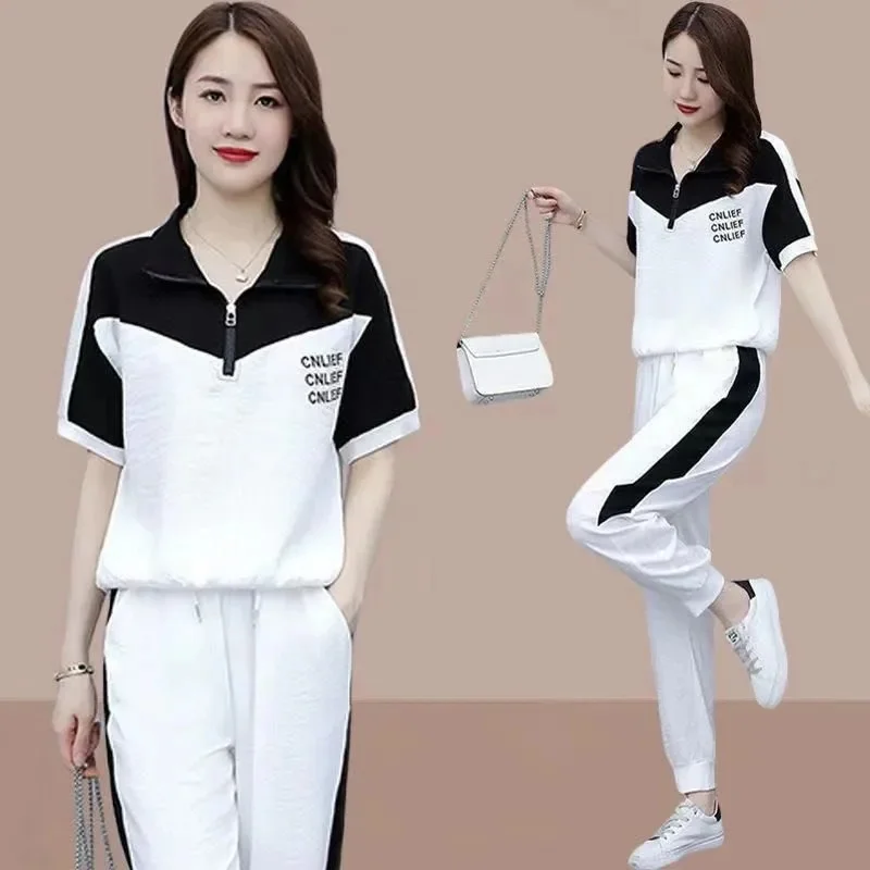 2022 Summer New Fashion White Sets Women Zipper T-Shirt And Sports Pant Sets Female Temperament Two Piece Suit Elegant Black