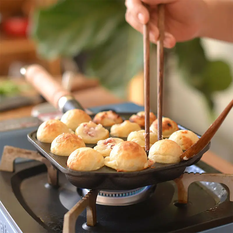 Poêle Takoyaki à 12/14 trous, manche en bois, boules de poulpe