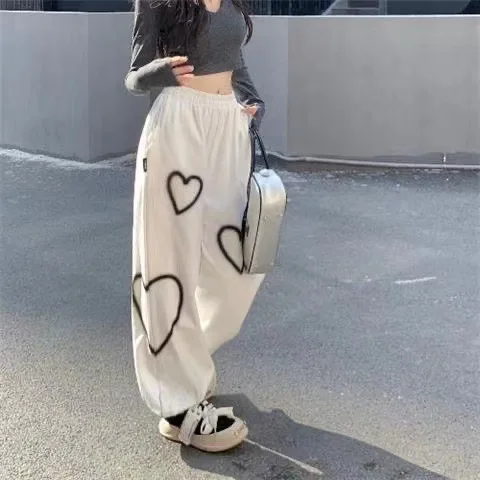 High Quality Heart Printing Casual Pants Women Bf Cotton Vintage Loose Straight Jogging Pants Fashion Hip Hop Streetwear high waist slimming velvet padded jeans women s winter heavy fashion diamond heart shaped lambswool stitching straight leg pants