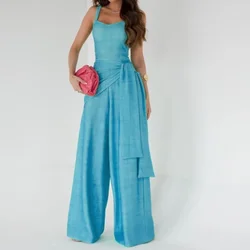 Office Fashion Waist Lace-up Long Jumpsuits Women Elegant Sleeveless Solid Party Rompers Summer Casual Loose Playsuits Overalls