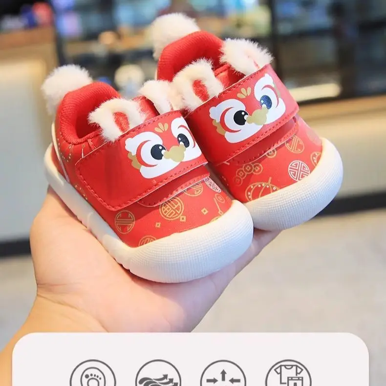 Baby's New Year Shoes with Velvet and Spring Chinese style Baby Trendy Red 1-3 Year Old Soft Soled Anti slip Sneakers 3