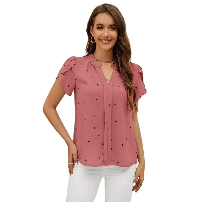 

Women Sweet Style Little Heart Print Shirt Petal Short Sleeve V Neck Pullover Blouse Elegant Female Office Commuter Casual Tops