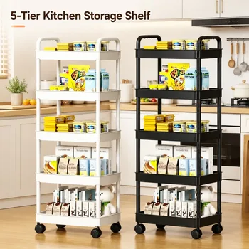 Carrello Mobile a 5 Ripiani per Organizzazione e Stoccaggio, per Cucina, Bagno, Soggiorno, Snack, Frutta e Verdura