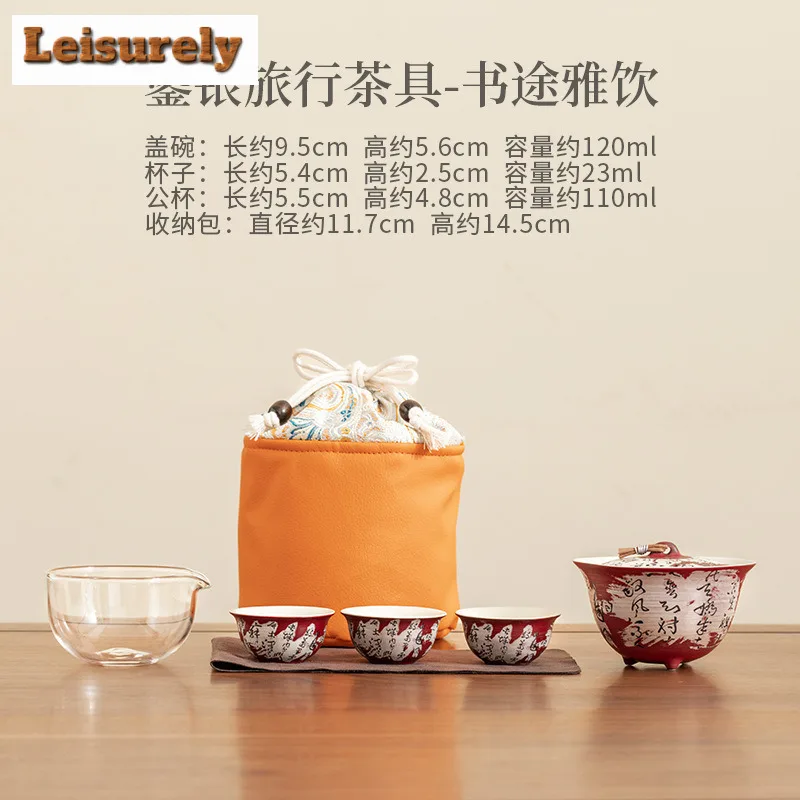 Gilt Silver Ceramic Travel Tea Set Kit Antique 1 Bowl 3 Cups Tea Maker Organizer Portable Camping Tote Bag Supplies Decoration