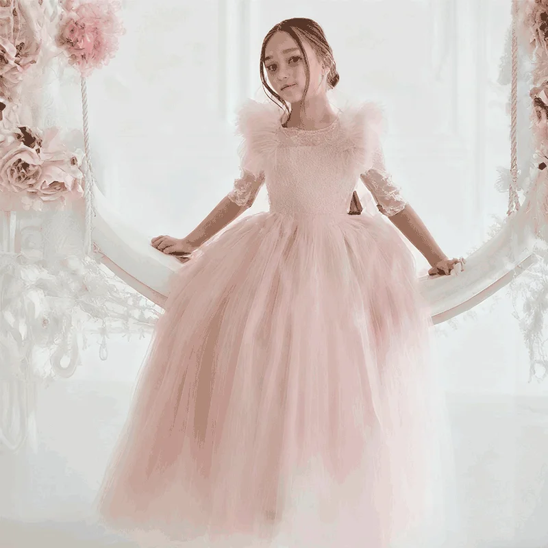 فساتين فتاة الزهور باللون الوردي الفاتح من التول مع فيونكة نصف كم لحفلات الزفاف وأعياد الميلاد وحفلات الأميرة