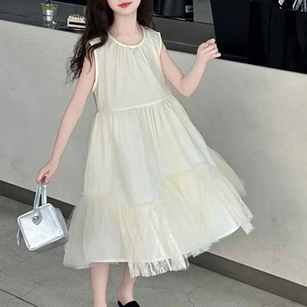 Elegant Loose Girls Sleeveless Dress Lace Mesh Pleated Summer Kids Dresses Teenagers Sweet Children Princess Dress Holiday