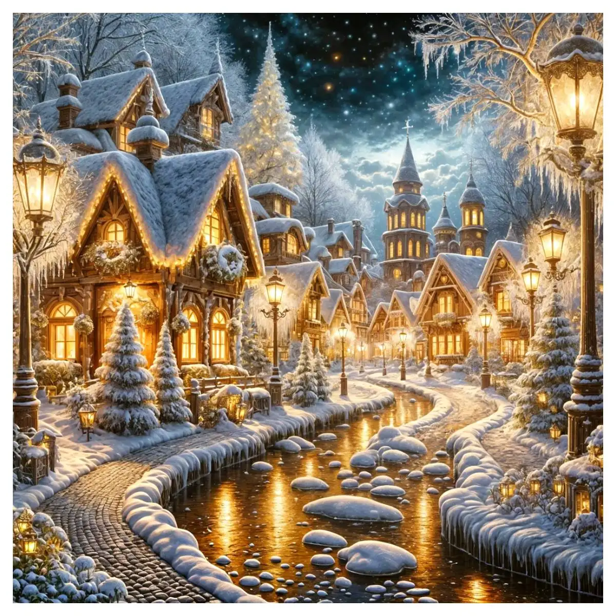 Winternachtansicht 40X40CM/15,74 Zoll Kreuzstich-Set DIY 11CT/14CT Stickerei Wanddekoration Kunsthandwerk mit Nadeln