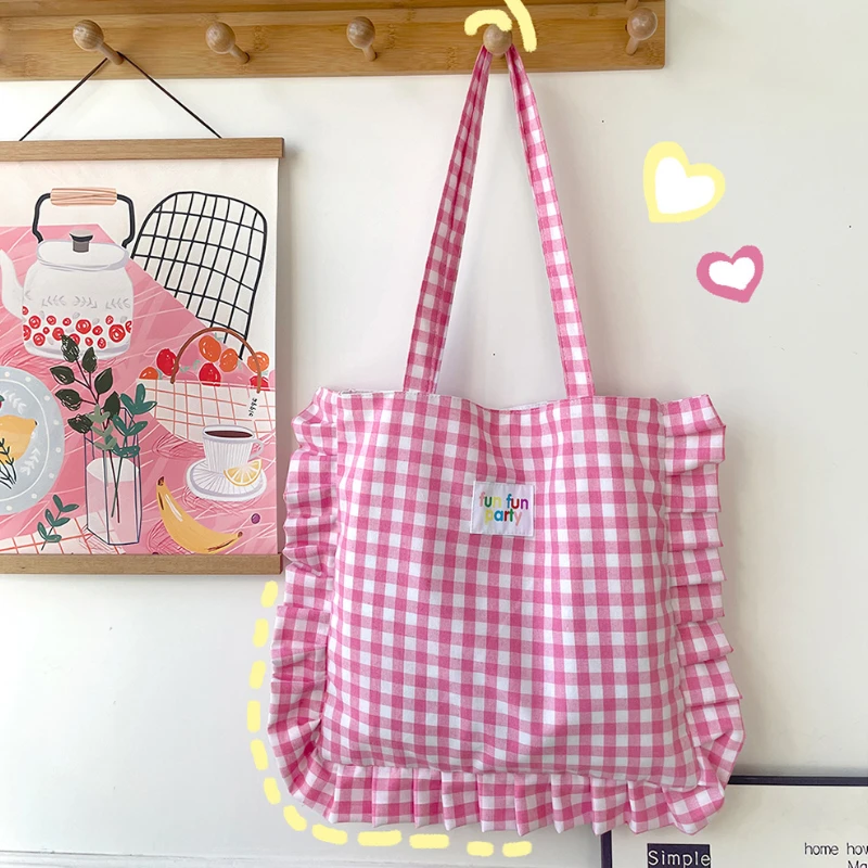 Süße karierte Damen Umhängetasche Mode Rüschen süße Damen handtasche einfache lässige Reise weibliche Achsel Einkaufstaschen Einkaufstasche Geldbörse