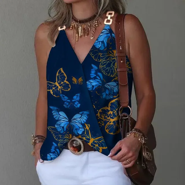 V-neck Metal Buckle Printed Tank Top For Women Loose Sleeveless Pullover Blouse Femme Blusas Camisas Feminina